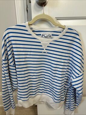 American Eagle White and Blue Striped Pullover Sweatshirt